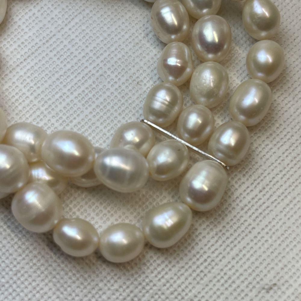 3 Strand Freshwater Cultured Pearl Stretch Bracelet 925 Sterling Silver Spacers - Picture 2 of 6